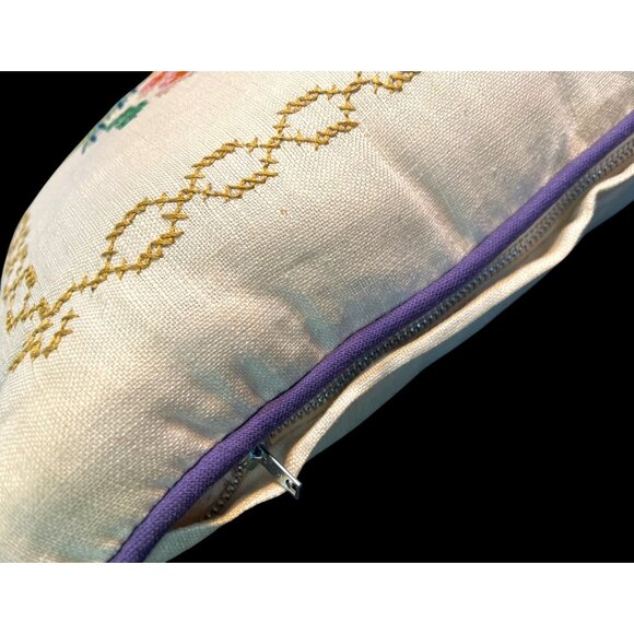 Handmade Floral Cross-Stitch Throw Pillow 14" Square Purple Piping   Linen - Picture 3 of 6